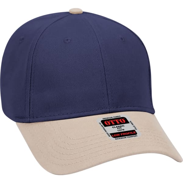 A low-profile six-panel baseball cap in navy with a beige brim and a logo on the label.