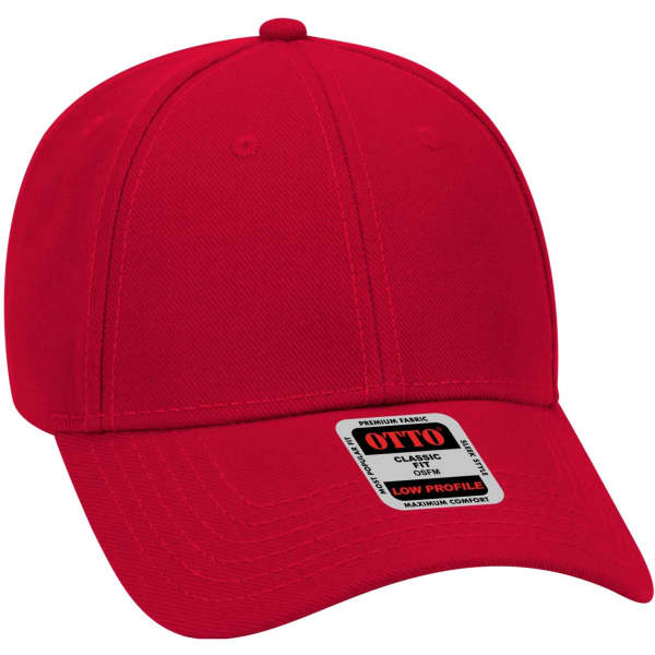 A red 6-panel baseball cap featuring a low profile design and a logo tag.