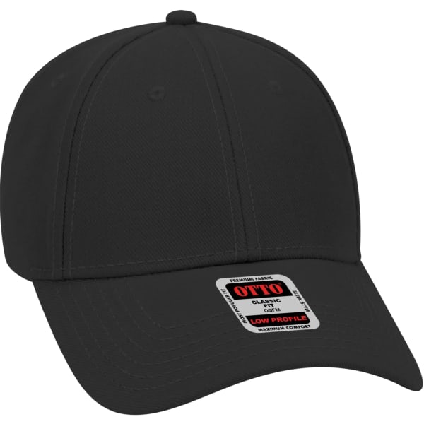 A black 6-panel baseball cap with a low-profile design and a branded sticker on the bill.