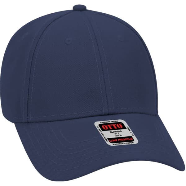 A navy blue 6 panel baseball cap with a low profile design and a branded label attached.