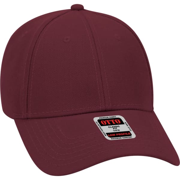 A maroon 6 panel baseball cap featuring a low profile design and a branded tag.