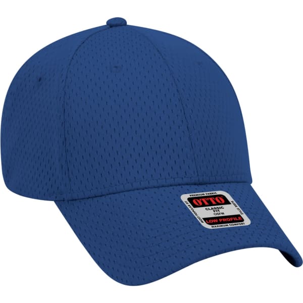 A blue 6-panel baseball cap with a low-profile design and a branding label on the front.