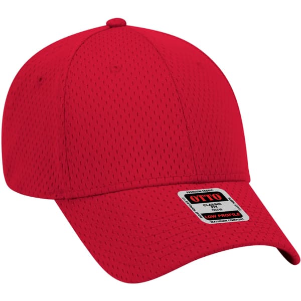 A red 6 panel baseball cap with a low profile and a branded label on the front.