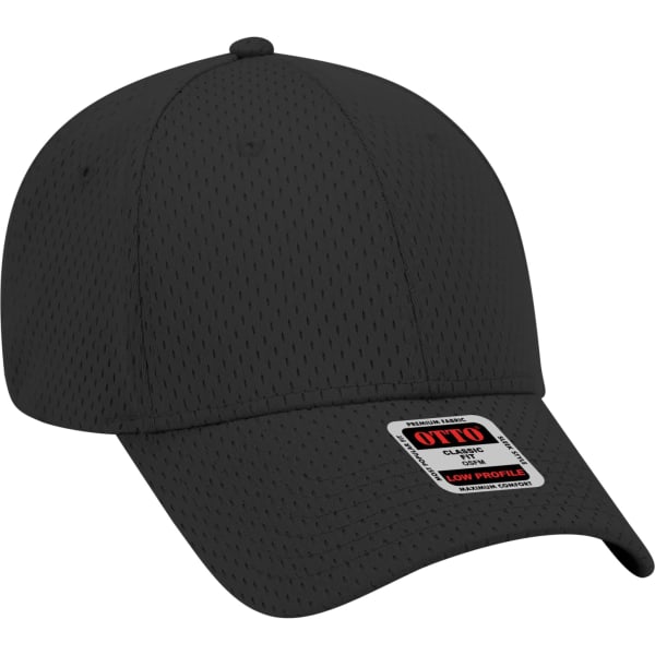 A black 6-panel baseball cap with a ventilation design and a logo tag on the front.