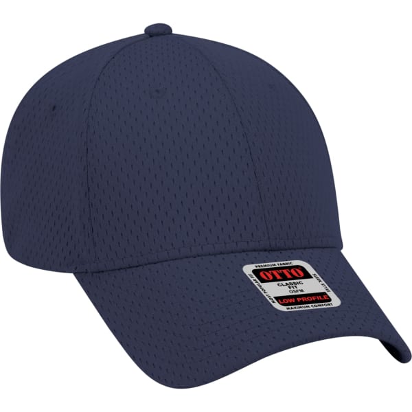A navy 6-panel baseball cap with a mesh design and a logo label on the side.