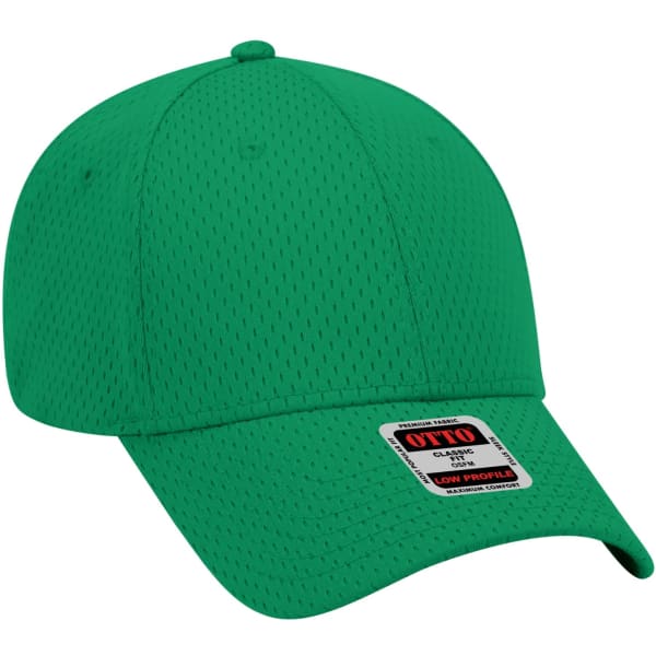 A green 6 panel baseball cap with a low profile and mesh design, featuring a small logo label.