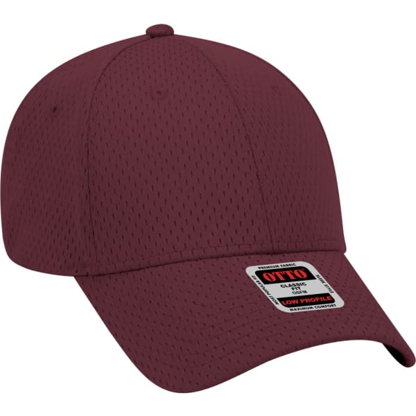 A maroon 6-panel baseball cap with a low profile and a mesh design, featuring a logo on the side.
