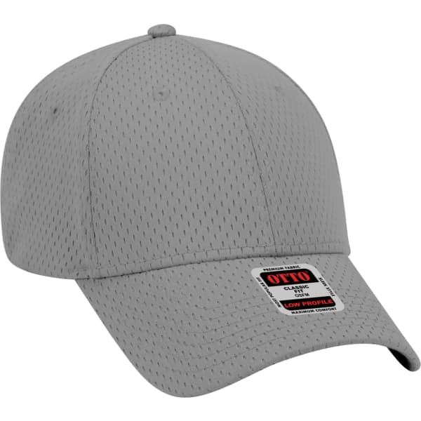A grey 6-panel baseball cap with a low-profile design and a logo on the front.