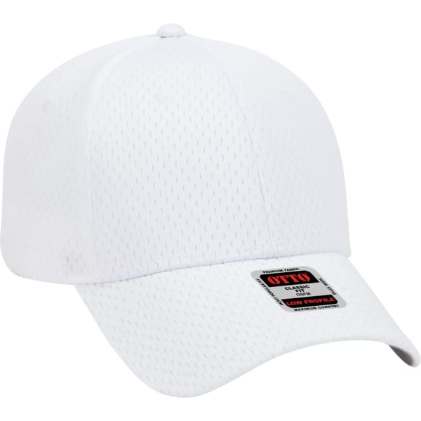 A white 6 panel baseball cap featuring a logo and a low profile design.