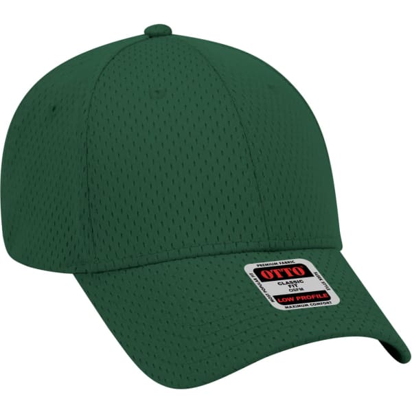 A green 6-panel baseball cap made from breathable material, featuring a branding tag on the front.