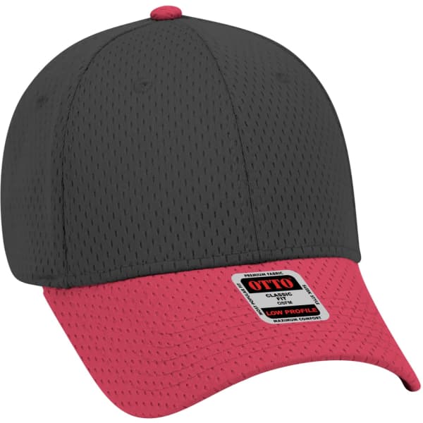 A black and pink 6 panel baseball cap with a textured finish and a logo on the front.