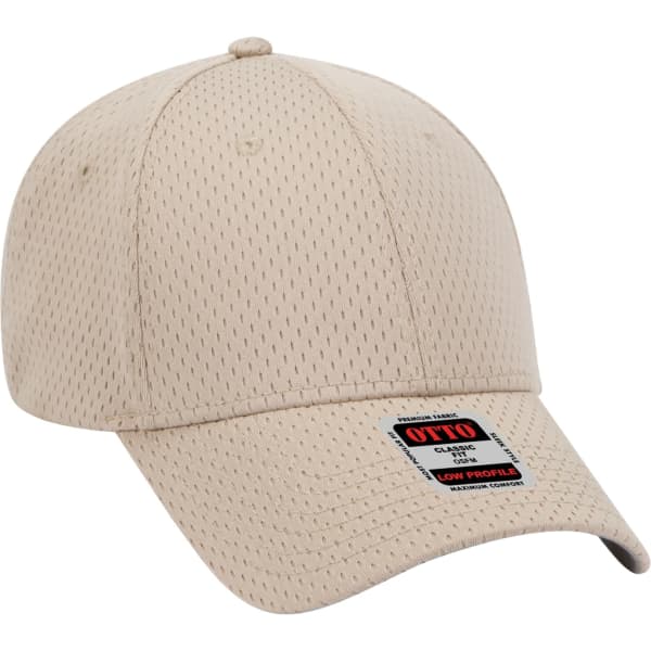 A beige 6-panel baseball cap with a breathable mesh design and a branded logo on the front.