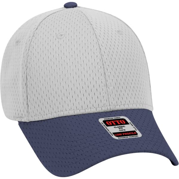 A six-panel baseball cap featuring a grey perforated design and a navy blue peak. Includes a logo on the side.