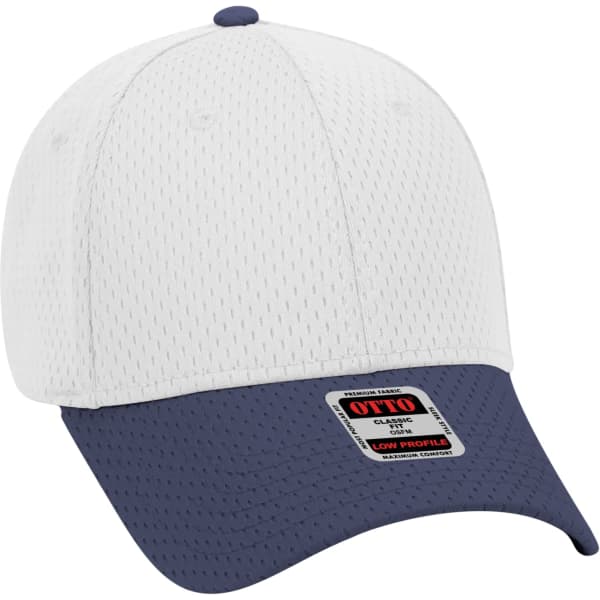 A low-profile six-panel baseball cap in white with a navy blue peak, featuring a logo on the front.