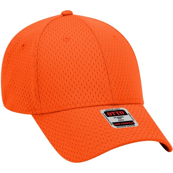An orange 6-panel baseball cap featuring a breathable mesh design and a logo on the front.