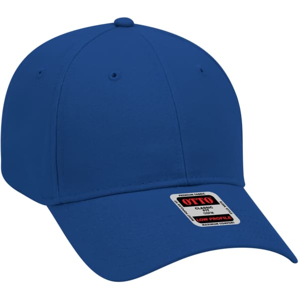 A blue 6-panel baseball cap with a low profile design and a brand logo on the side.
