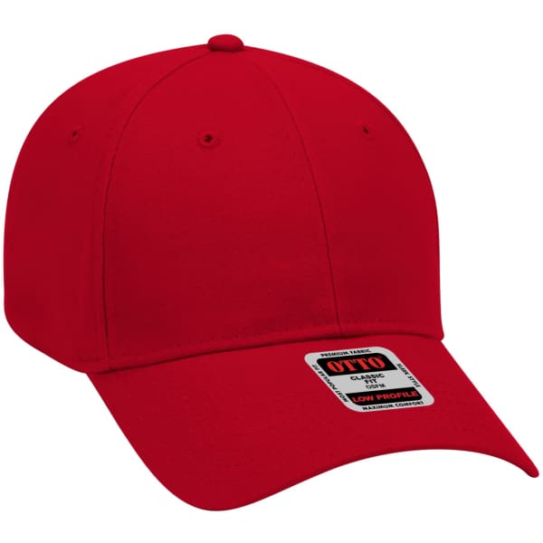 A red 6-panel baseball cap with a curved brim and a low-profile design. It features a logo on the side.