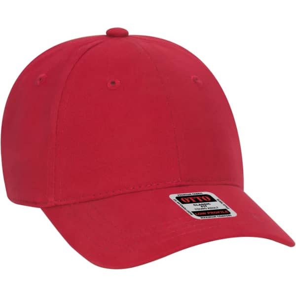 A red six-panel baseball cap featuring a curved brim and a logo on the front.