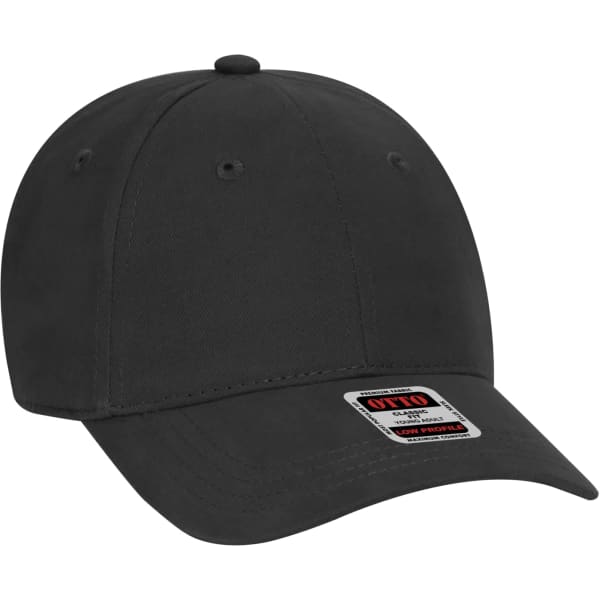 A black 6 panel baseball cap with a structured front and a logo on the side.