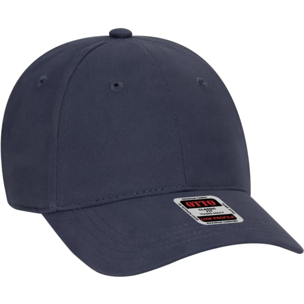 A dark blue 6-panel baseball cap with a branded tag on the front.