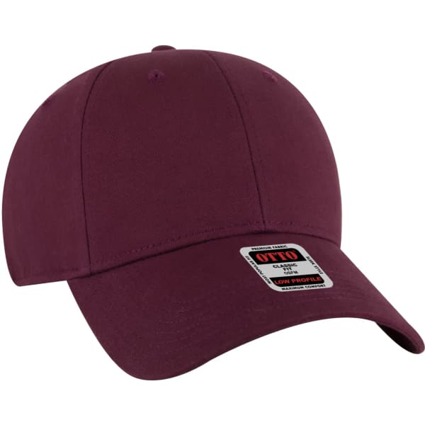 A burgundy 6-panel baseball cap featuring a logo on the front. Designed for casual headwear.