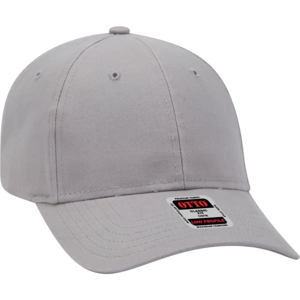 A grey six-panel baseball cap with a curved visor and a logo on the front label.