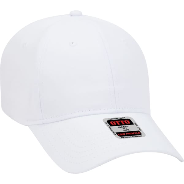 A white six-panel baseball cap featuring a low profile design and a logo on the front.