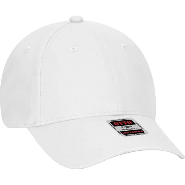 A white 6-panel baseball cap with a curved brim and a logo on the front.