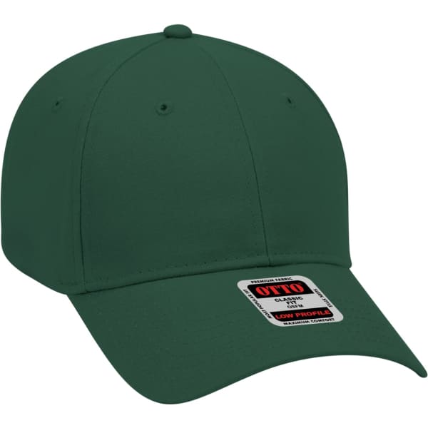A green six-panel baseball cap featuring a low profile design and a logo on the front.