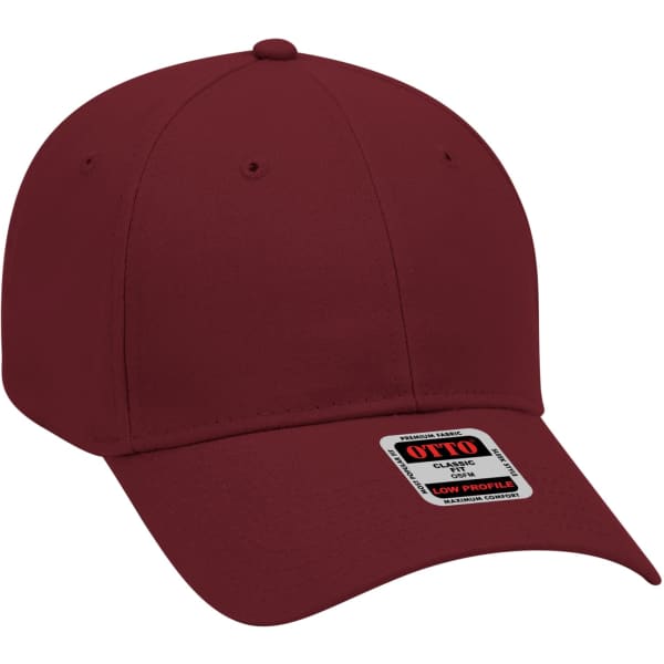 A maroon 6-panel baseball cap with a low-profile design and a branded tag.