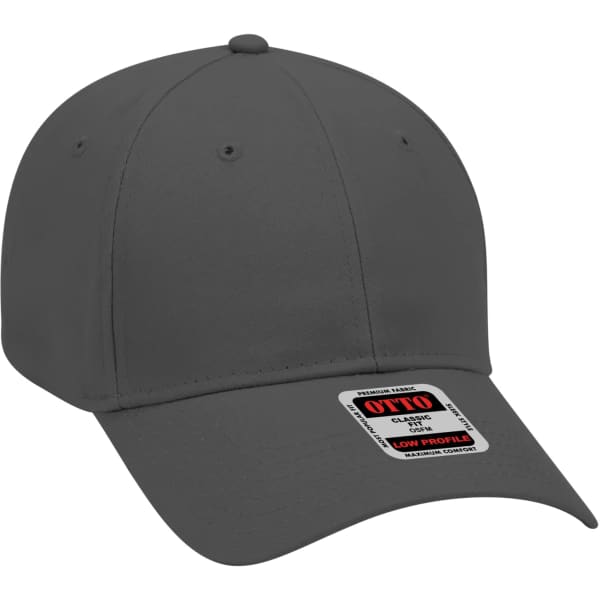 A grey 6 panel baseball cap featuring a low profile design and a branded tag.