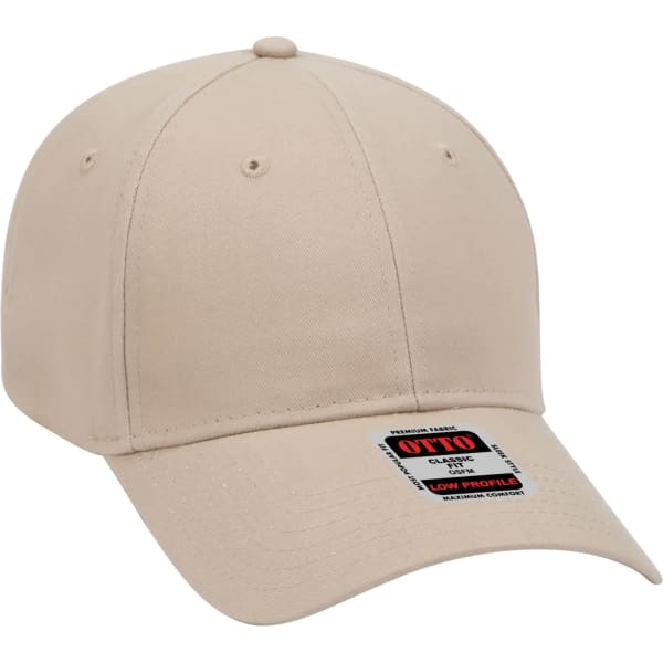 A beige 6-panel baseball cap with a rounded crown and a logo on the side.