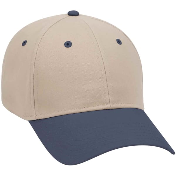 A beige and navy six-panel baseball cap featuring a logo. The design includes air vents and a curved brim.