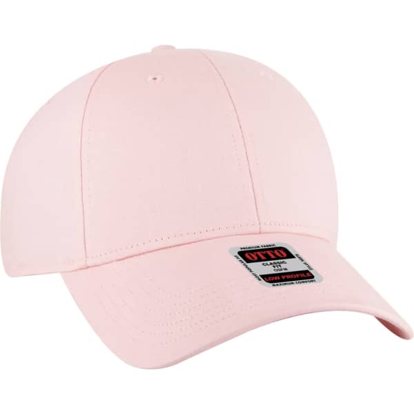 A 6 panel baseball cap in soft pink with a branded label on the front.