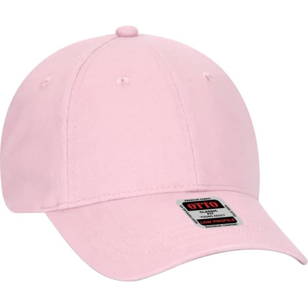 A pink 6 panel baseball cap featuring a logo on the front and a curved brim.