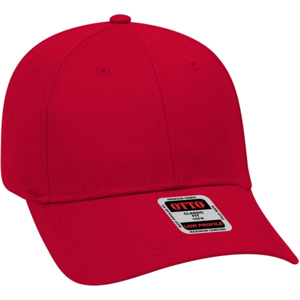 A red 6 panel baseball cap with a low profile and a branded label on the side.