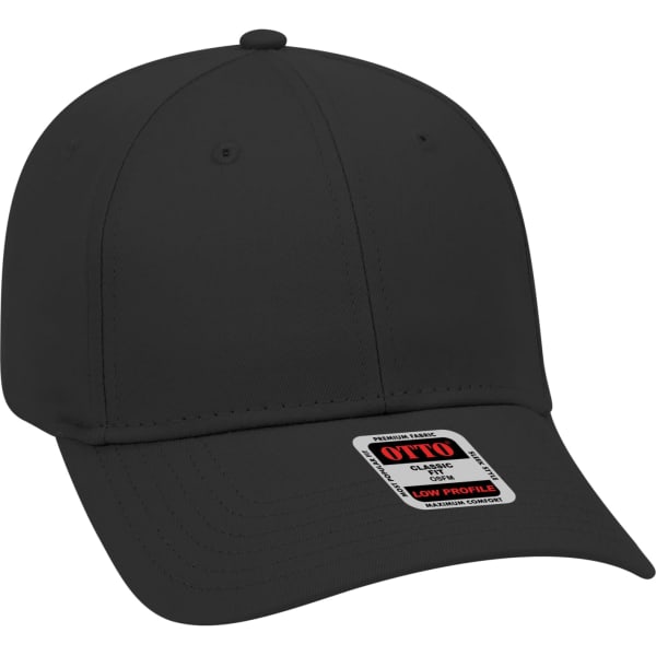 A black 6-panel baseball cap with a low profile and a logo on the front.
