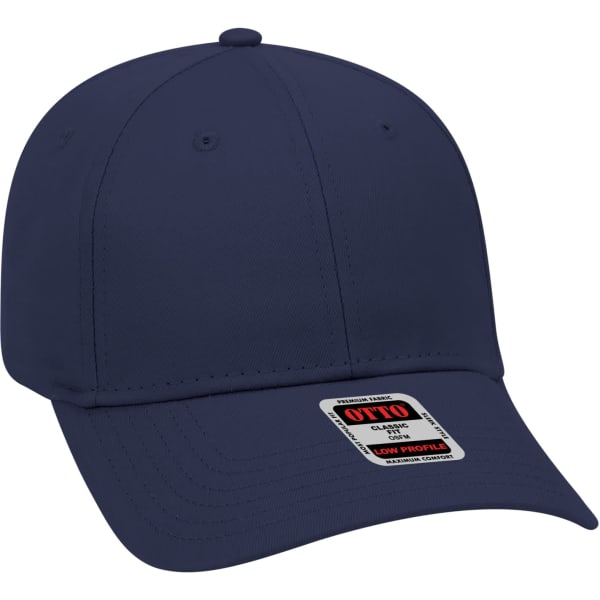 A navy blue 6-panel baseball cap with a low-profile design and a logo tag on the front.