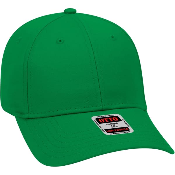 A green 6-panel baseball cap featuring a low-profile design and a logo on the front.