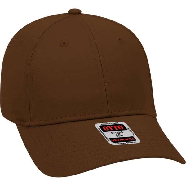 A brown 6 panel baseball cap featuring a low-profile design and a branded tag.