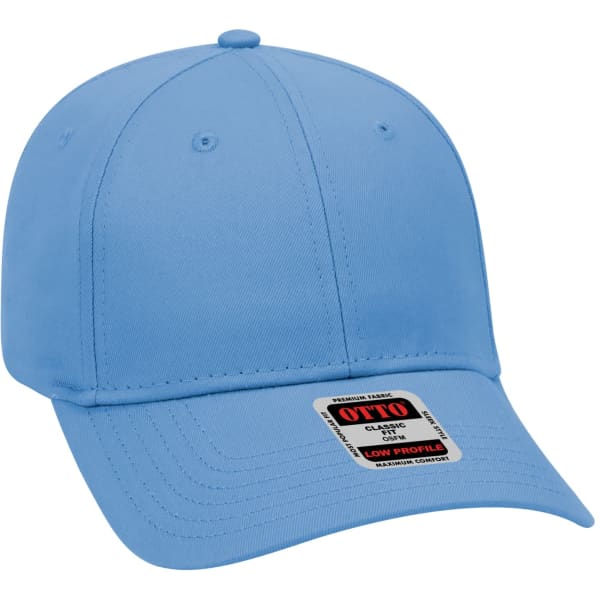 A light blue 6-panel baseball cap with a low profile design and a logo on the front.