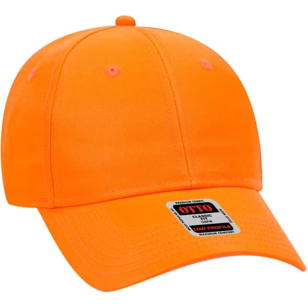 An orange 6 panel baseball cap with a low profile design and a branded label on the front.