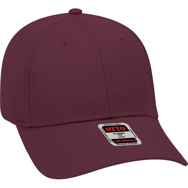 A maroon 6-panel baseball cap with a low-profile design and a logo on the front.