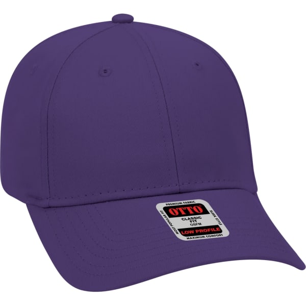 A purple 6 panel baseball cap featuring a low profile design and a branding label on the front.