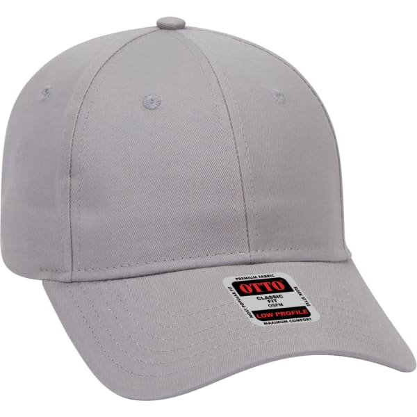 A grey 6 panel baseball cap featuring a low-profile design and a logo on the front.
