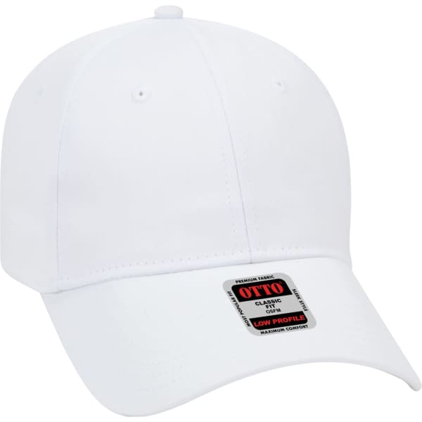 A white 6-panel baseball cap with a low profile design and a branded label on the front.