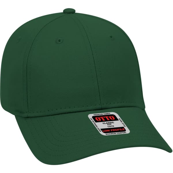 A green 6 panel baseball cap with a low profile design and a branded tag attached.