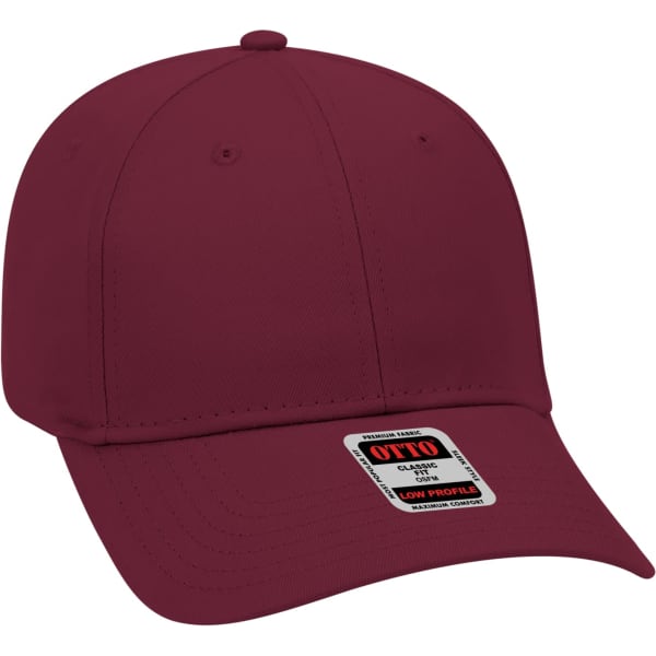 A maroon 6-panel baseball cap featuring a low-profile design and a logo.