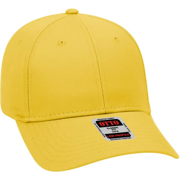 A yellow 6-panel baseball cap with a low profile design and a logo badge on the front.