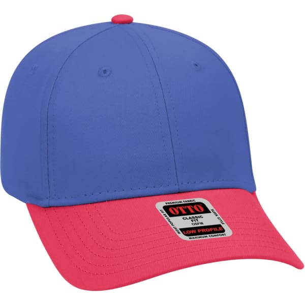 A blue and red 6-panel baseball cap with a low profile design and a logo patch on the front.